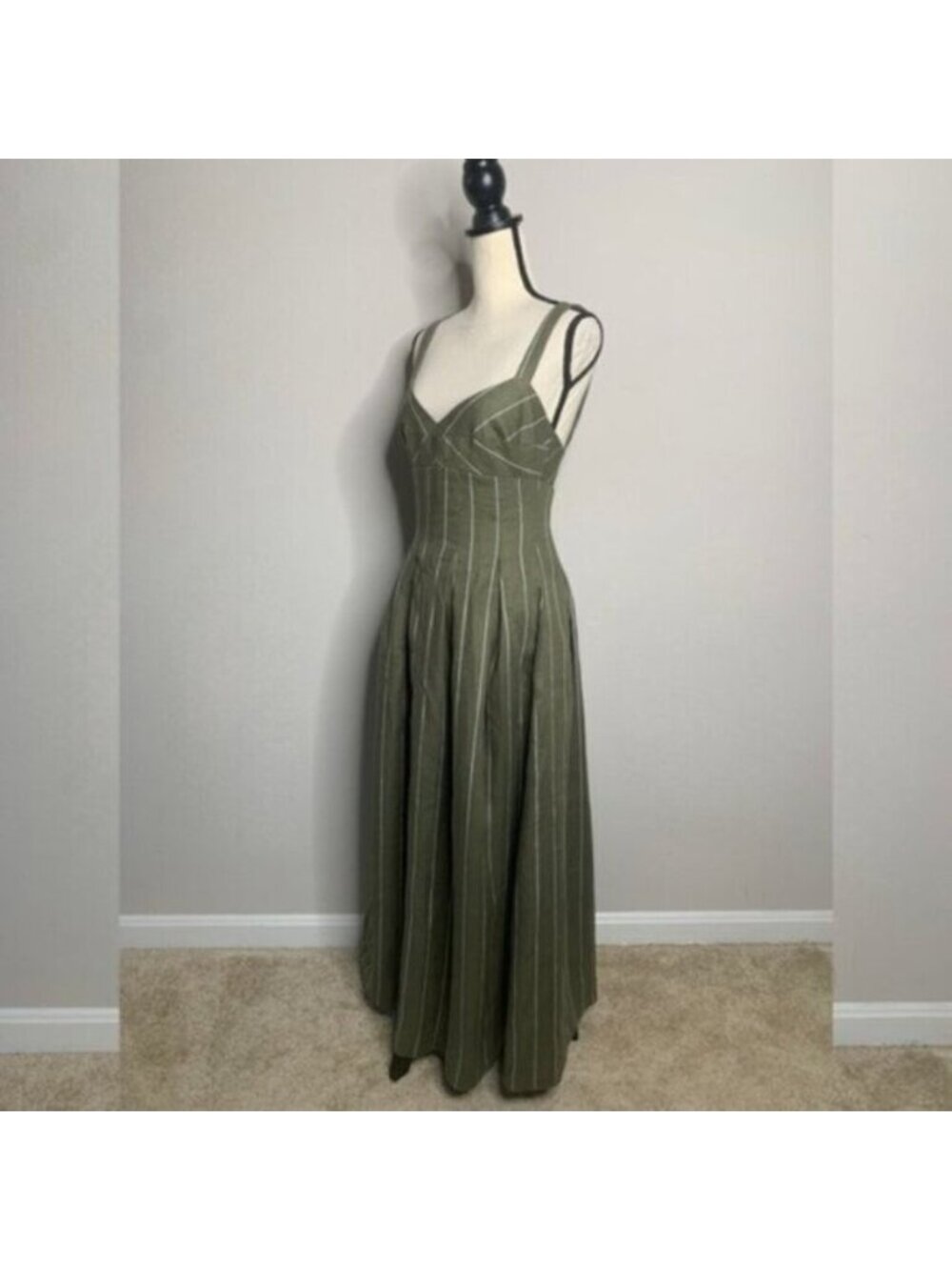 NWT NICHOLAS Selene Seamed Cami Linen Olive & White Striped Maxi Dress - Picture 6 of 17
